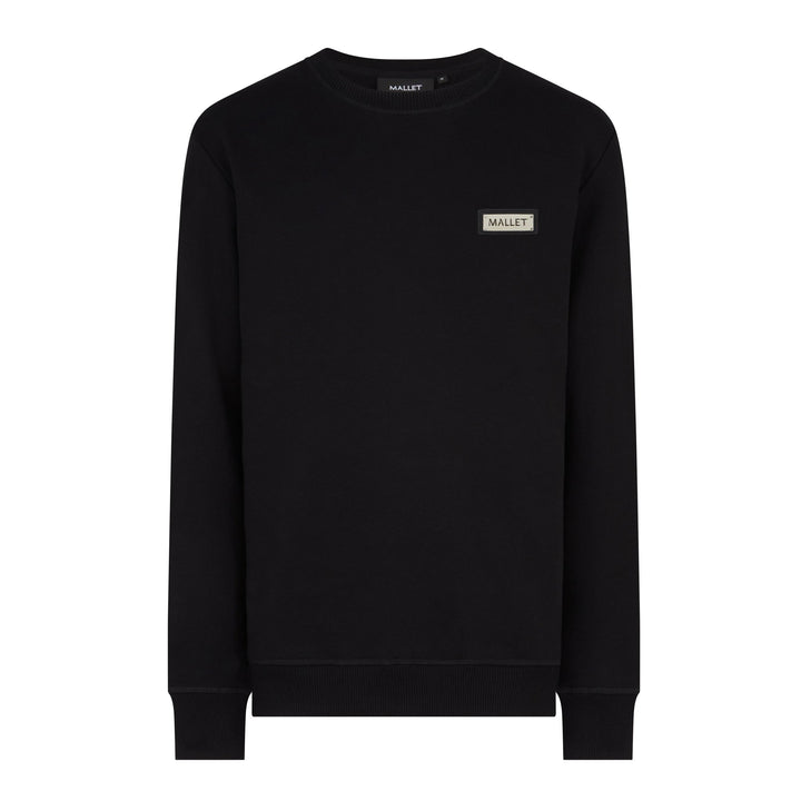 Black sweatshirt with a brand logo on a white background