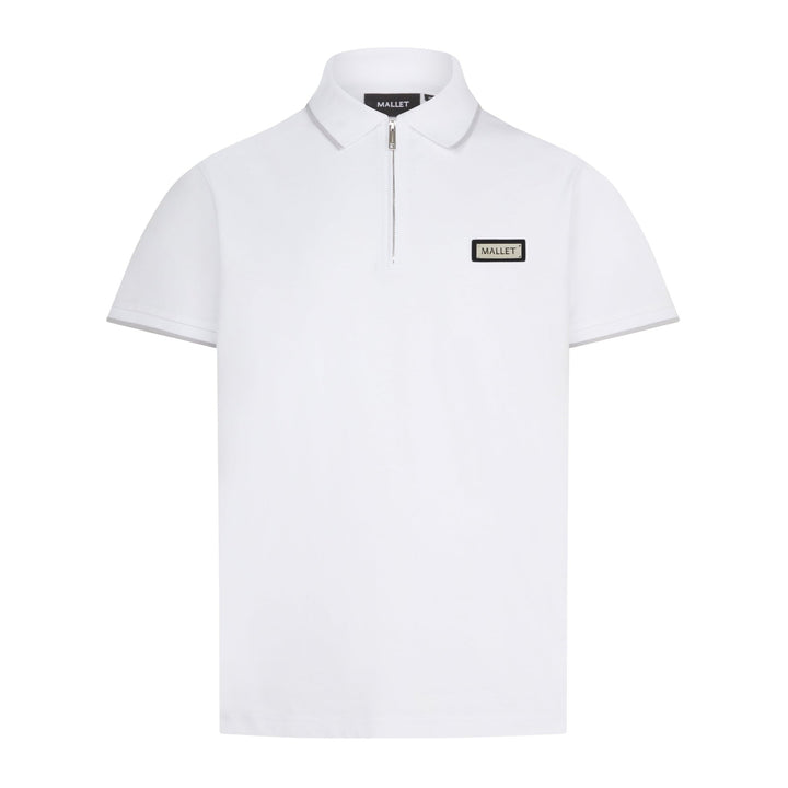 White polo shirt with a brand logo on a white background