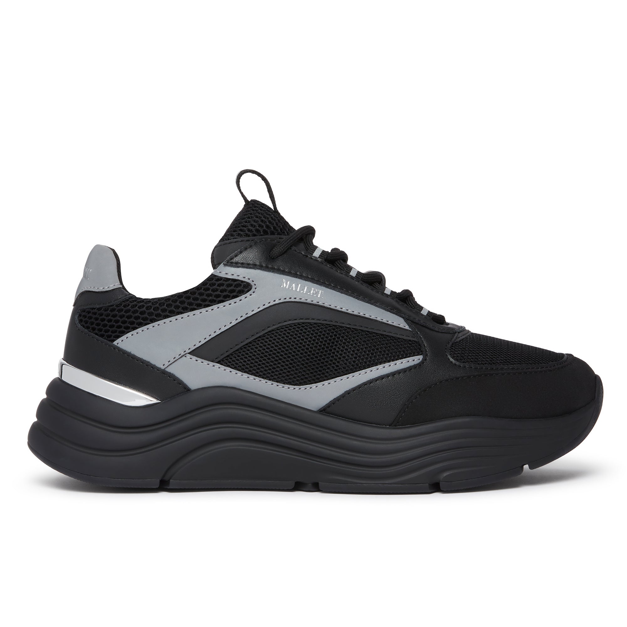 Cyrus 2.0 Mesh Leather Trainer | Triple Black Silver | Mallet London