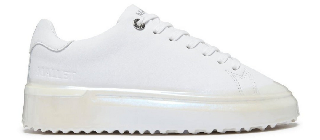 white dipped iridescent trainers on a white background