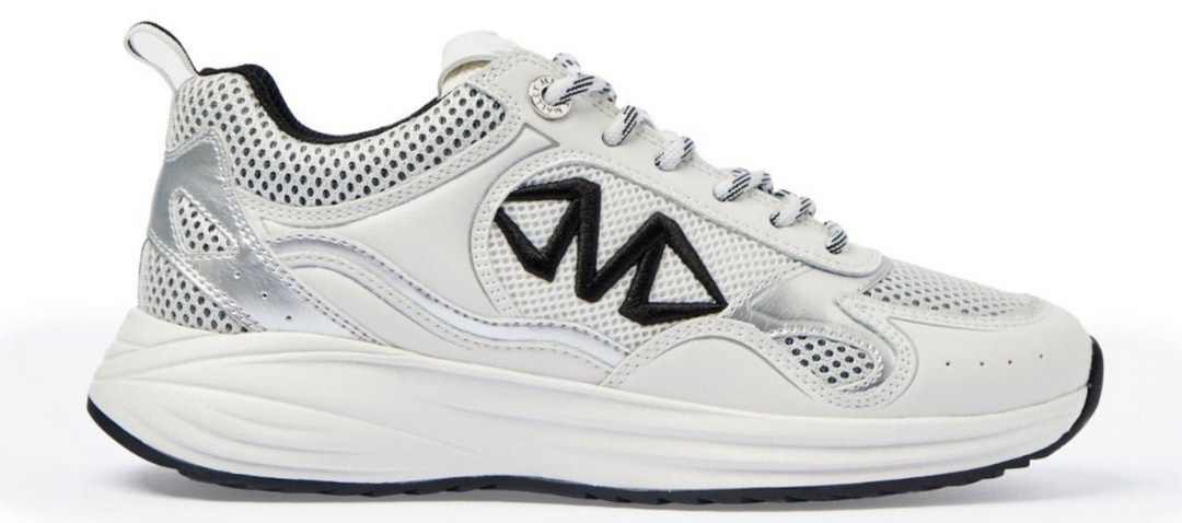 white/silver mesh sporty trainer on white background