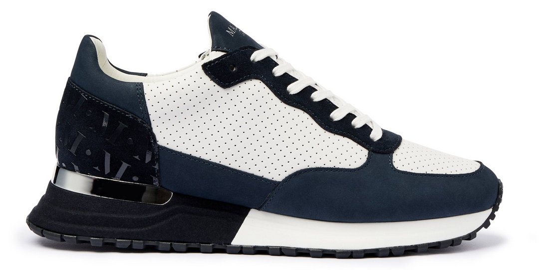 White and Navy/Black Trainers on a White background
