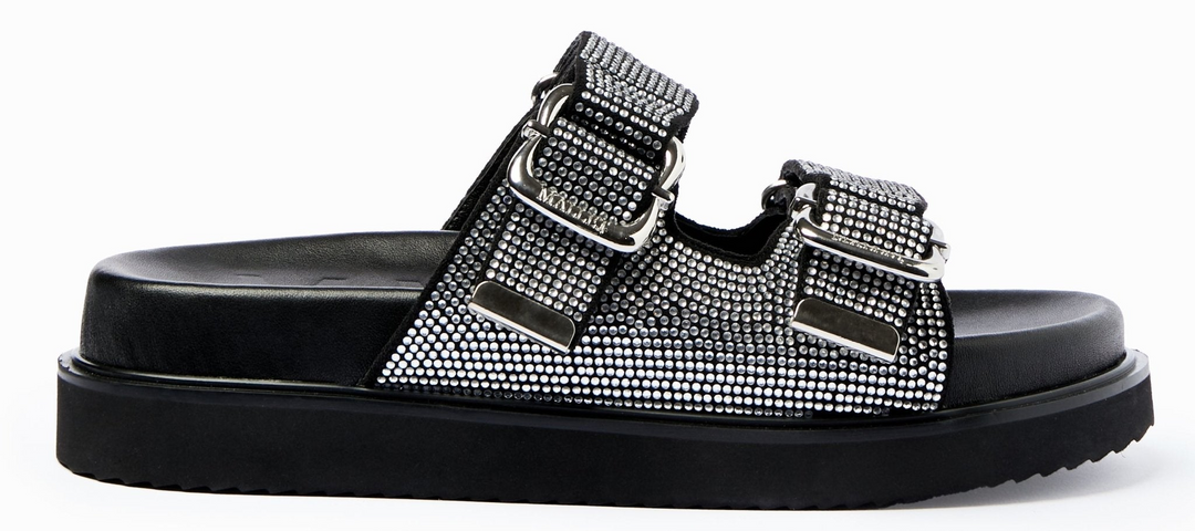 silver diamante leather sandals on a white background